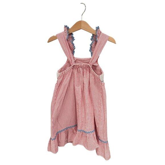 Shrimp & Grits Kids Red Striped Cotton Smocked Lobster Dress With Ruffle Straps - Picture 3 of 7
